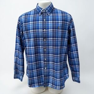 Ralph Lauren Button Front Shirt XL Blue Plaid Long Sleeve Cotton Preppy Casual